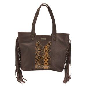 AMERICAN BISON Brown Leather Fringe Tote With Snake Embellishment